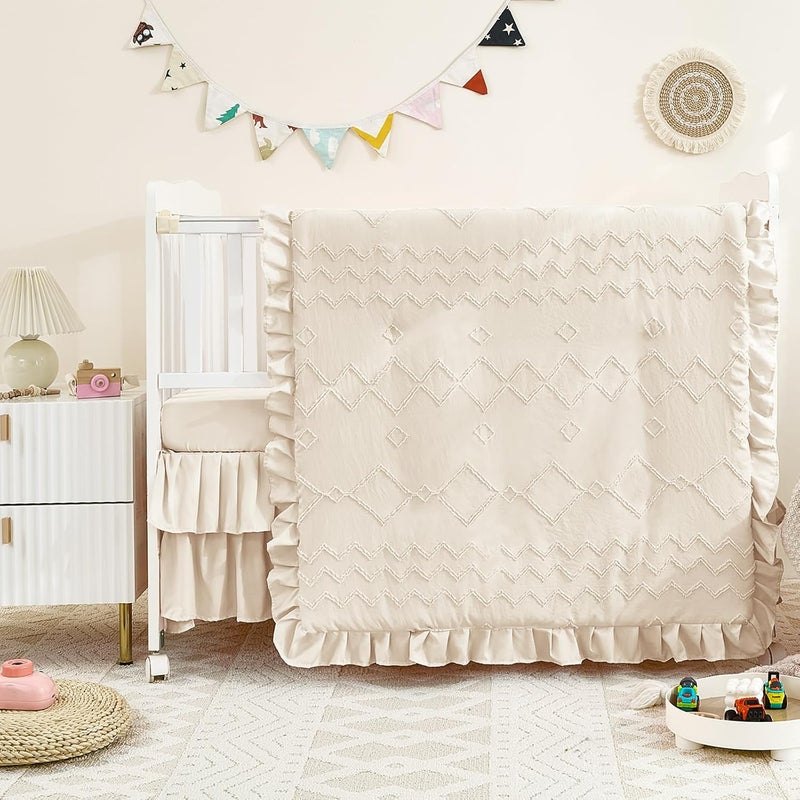 NacoMoco 3-Piece Tufted Ruffle Crib Bedding Set for Girls - Ultra Soft Baby Bedding Set Includes Boho Crib Comforter, Sheet & Skirt (Beige) - Image 2